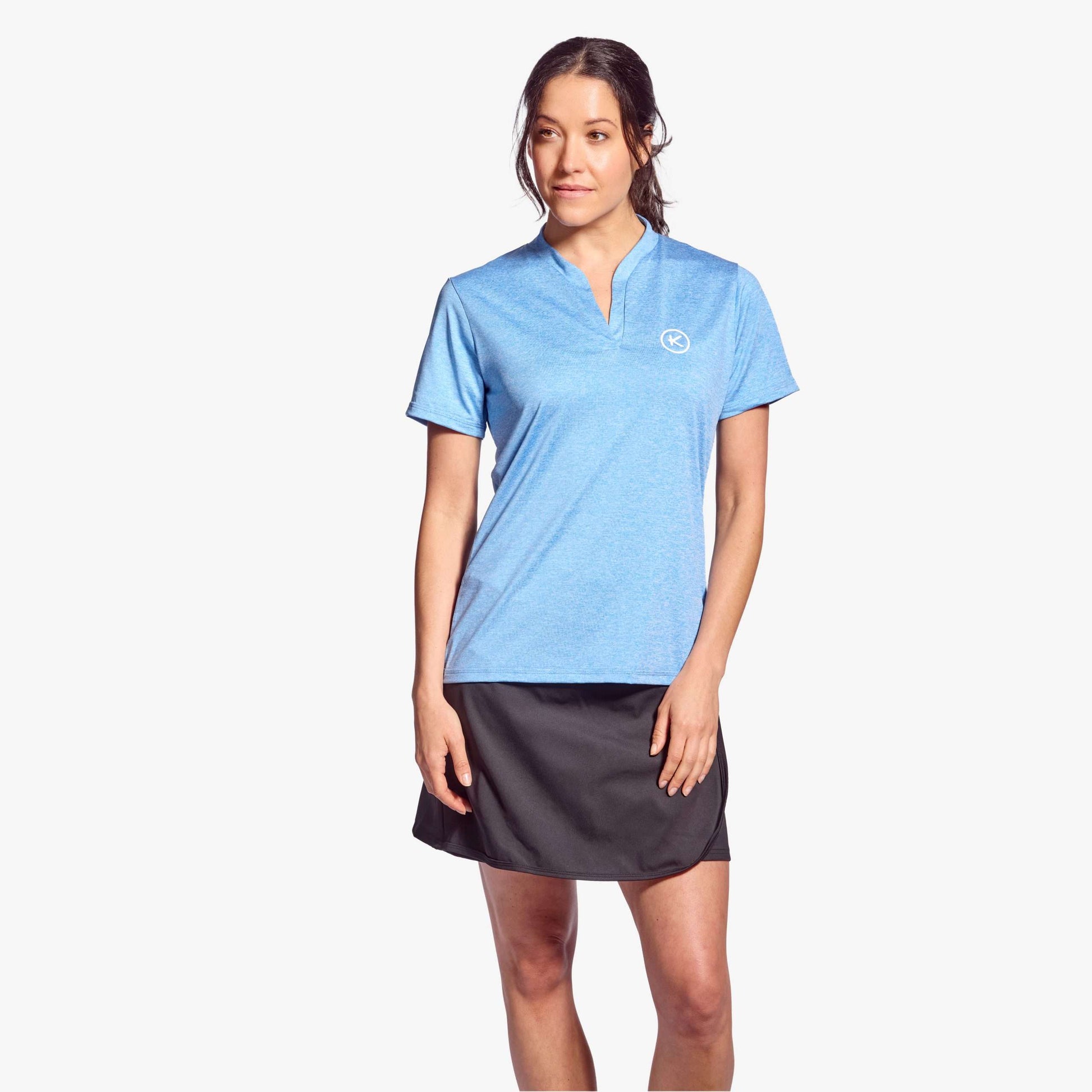 Infrared golf shirt for women  - split neck, ergonomic fit, and KYnergy® tech for recovery and comfort. Blue